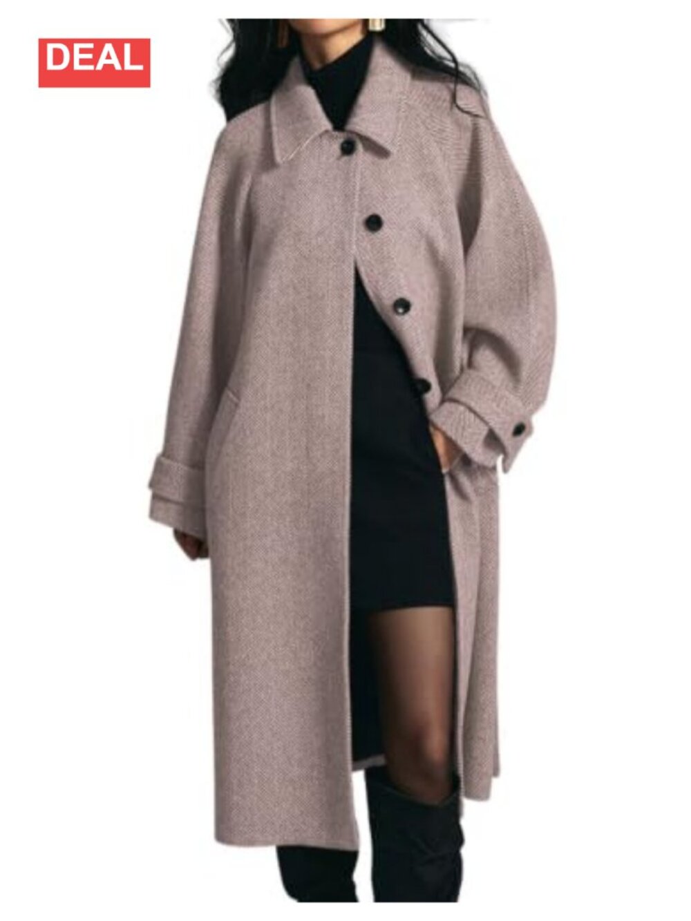 Wool Herringbone Trench Coat Belted Single Breasted Pea Coat Below Knee